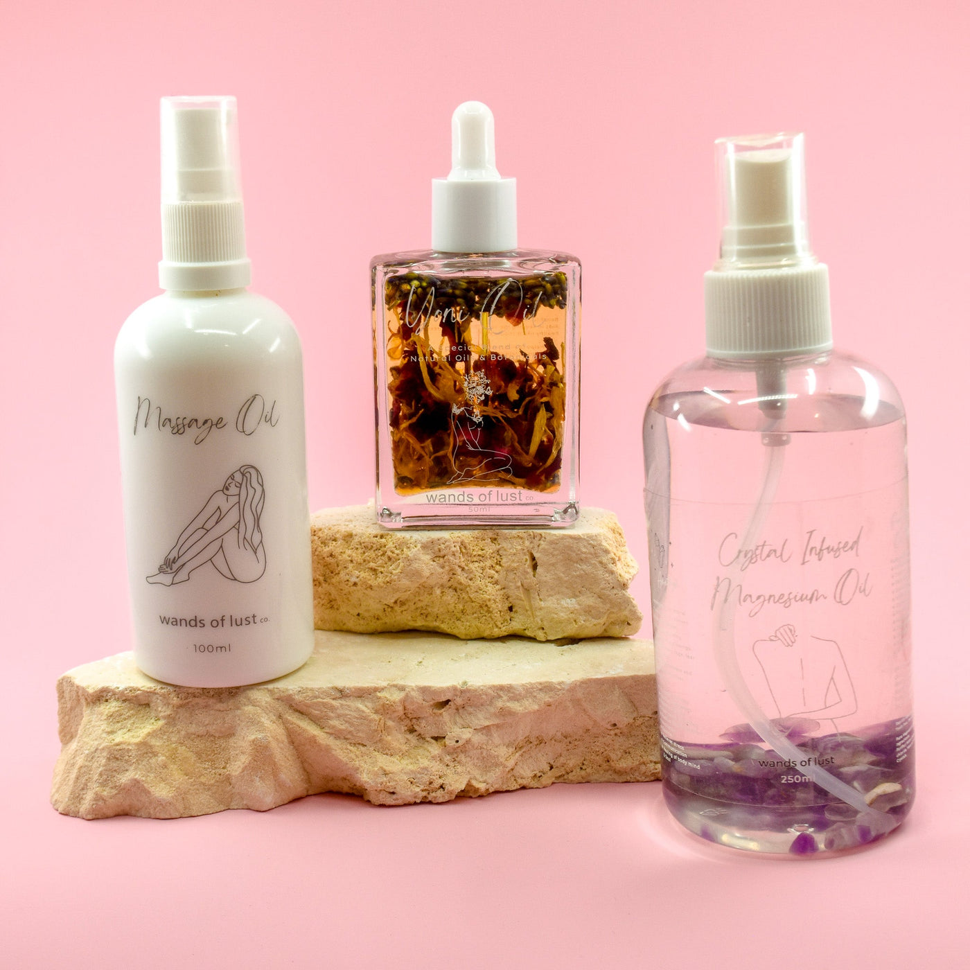 Ultimate Bundle Pack Natural Yoni Oil + 100ml Massage Oil + Crystal infused Magnesium oil - Wands of Lust Co